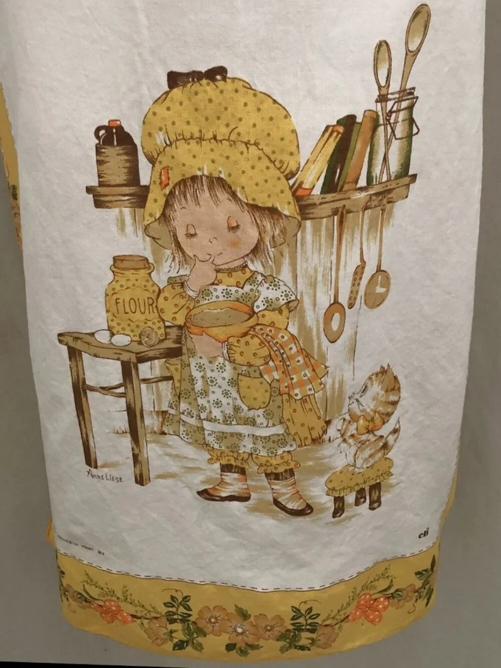 Vintage 70s Bib Apron Anne Liese Sweet Bonnet Wearing Girl with Kitten